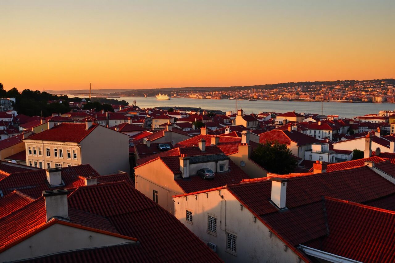 Vista aérea de Lisboa ao pôr-do-sol - telhados terracota e rio Tejo